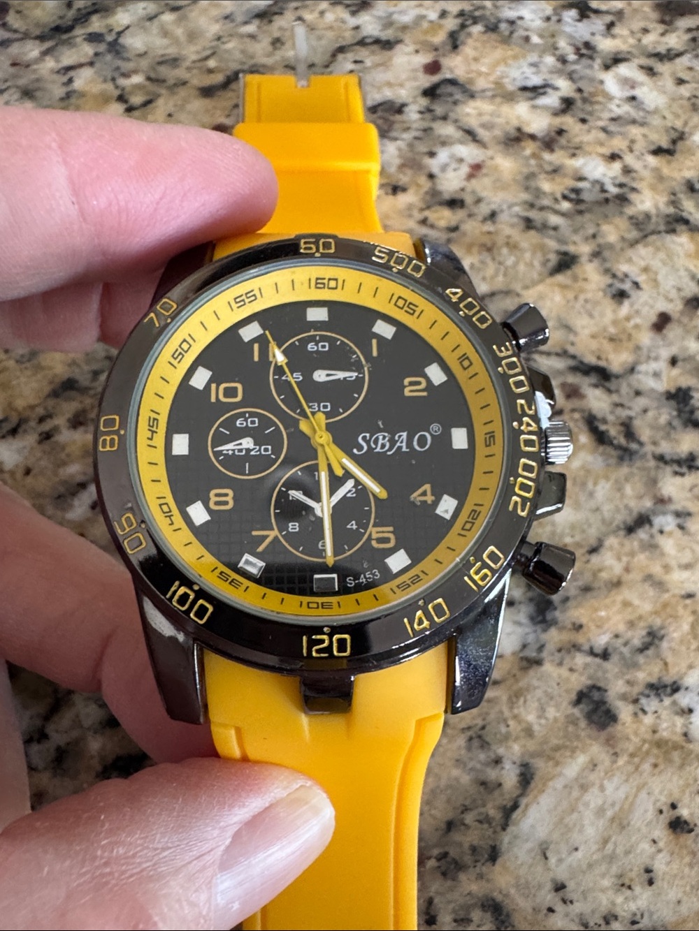 Black Chronograph Watch with Yellow Strap